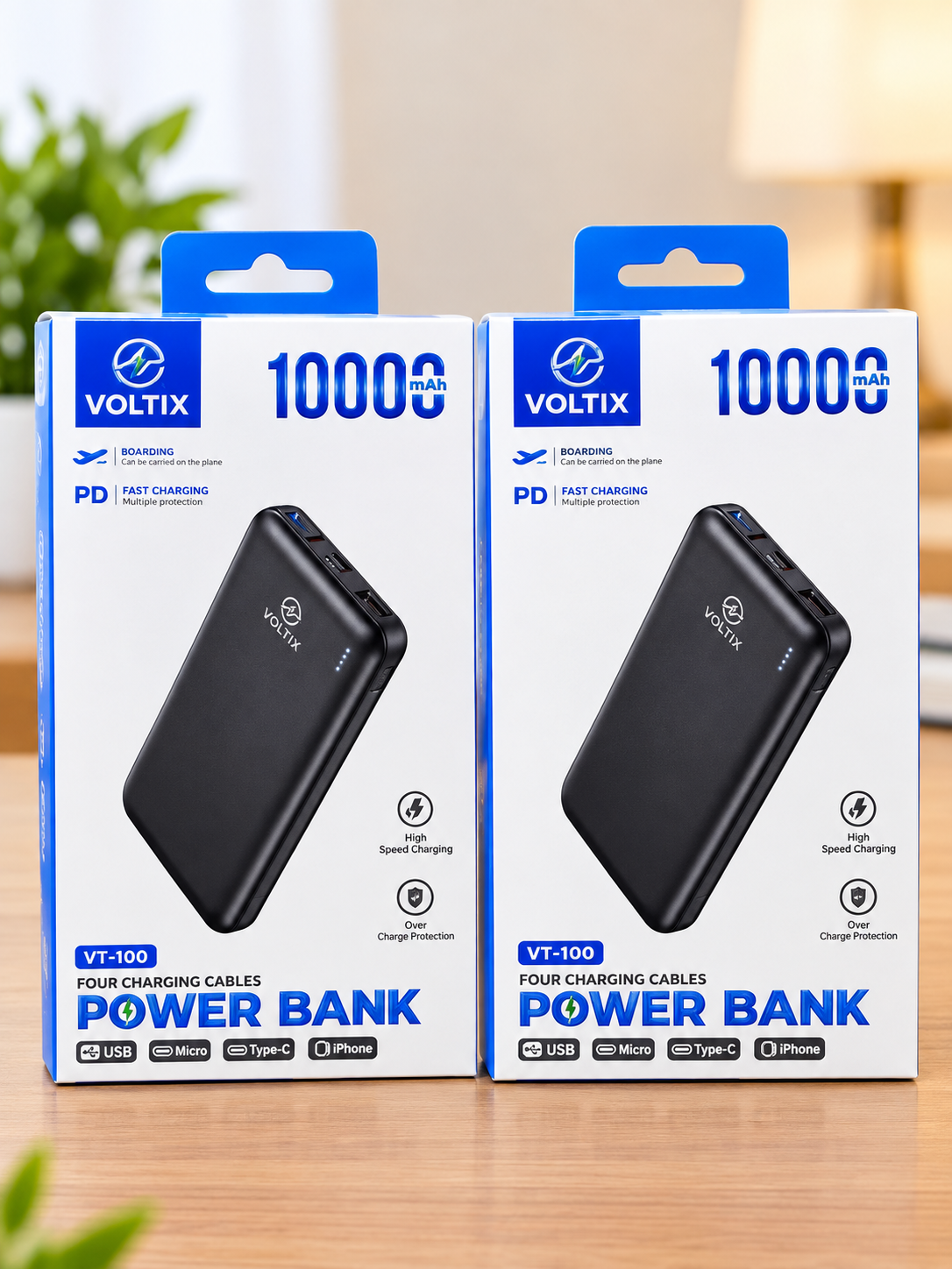 باور بانك فولتكس VT-100 سعة 10,000 مللي أمبير، شحن سريع PD، بأربع وصلات شحن.